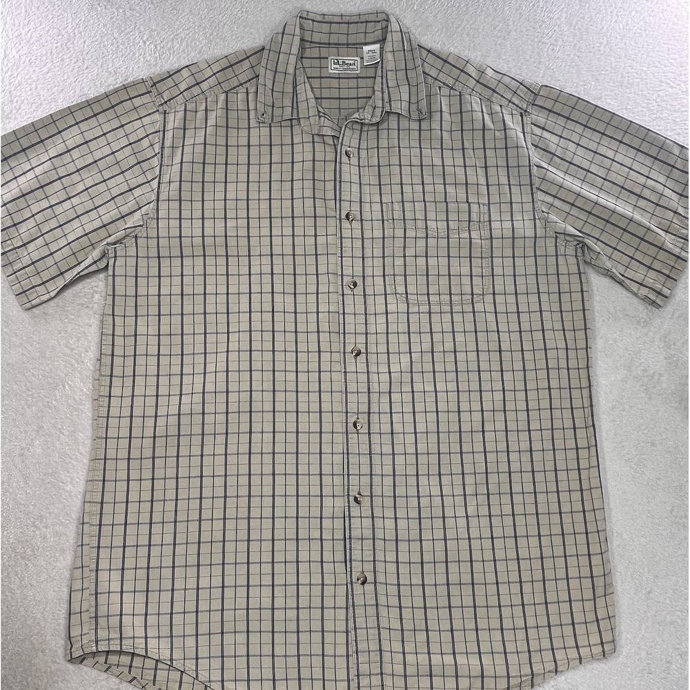 L.L. Bean Short Sleeve Tan & Blue Checkered Plaid Button Down 100% Cotton L Tall